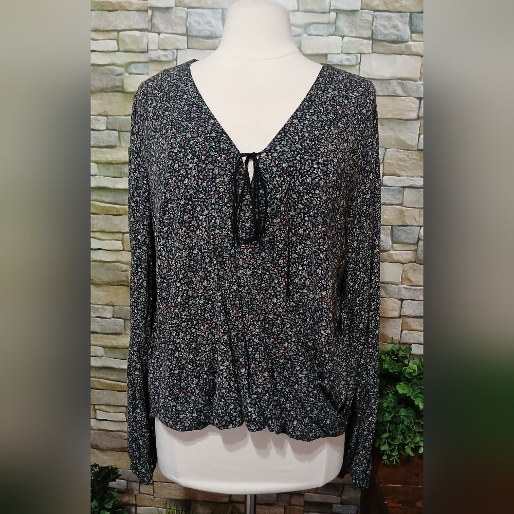 XL Mossimo Supply Co. Tie Front Wrap Black Multicolor Floral Blouse